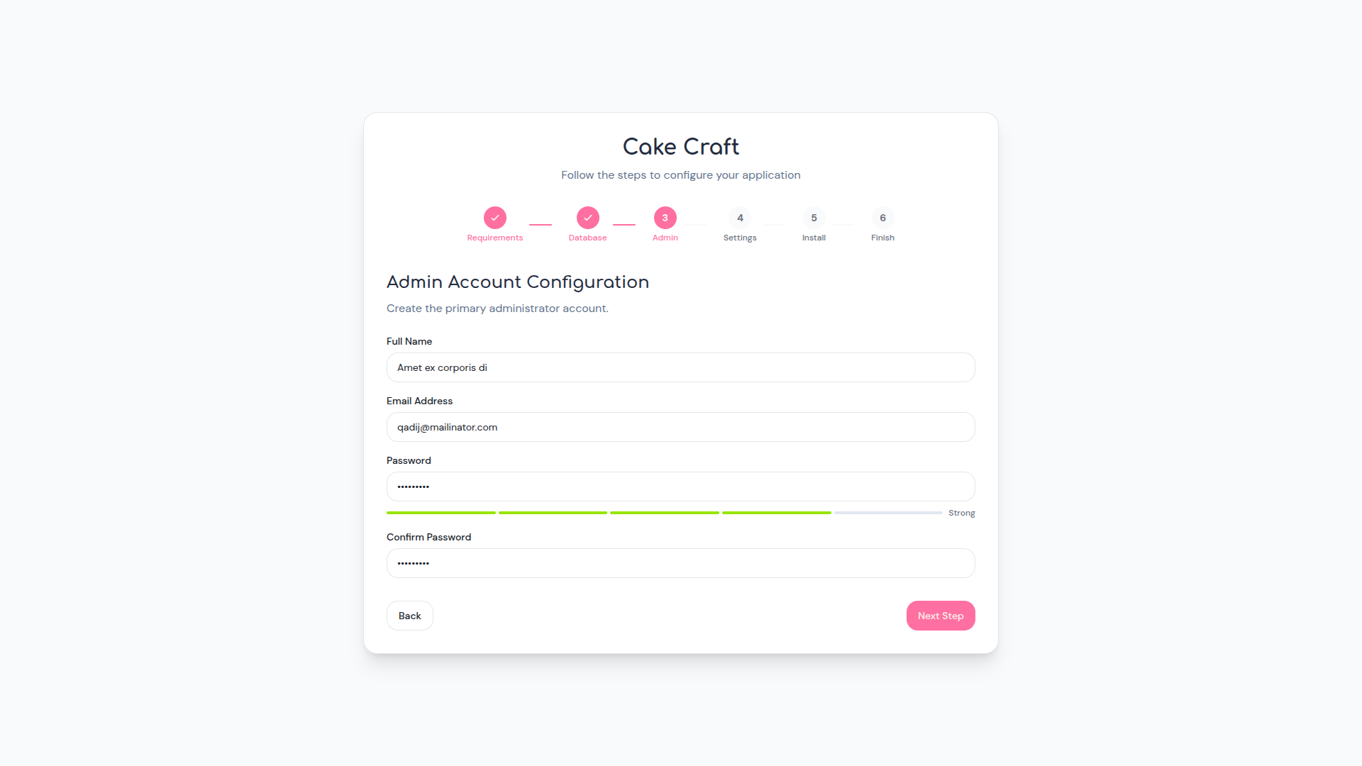 Installation Step 3 - Admin Account Configuration